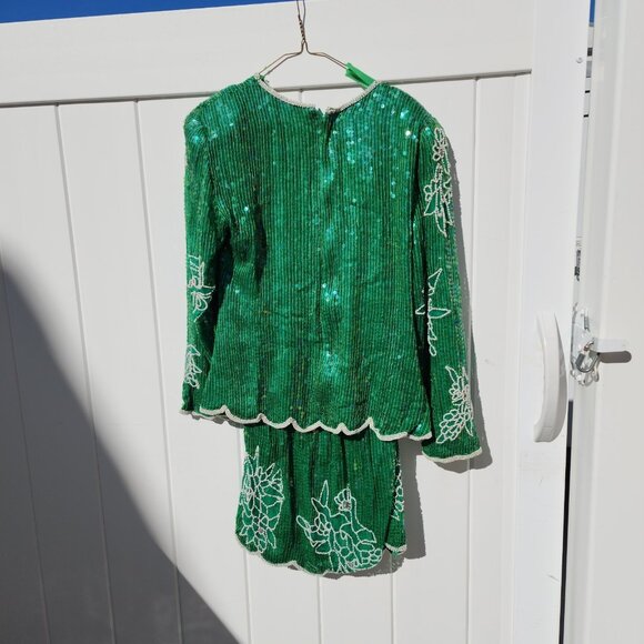 Vtg 80s Eve's Allure Cocktail Mother Bride Dress Emerald Green Sequins Beads Med - Picture 2 of 10